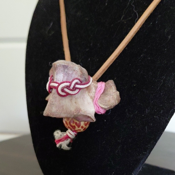 Bohemian Pink Bone Pendant Necklace with Tan Cord - Picture 2 of 7